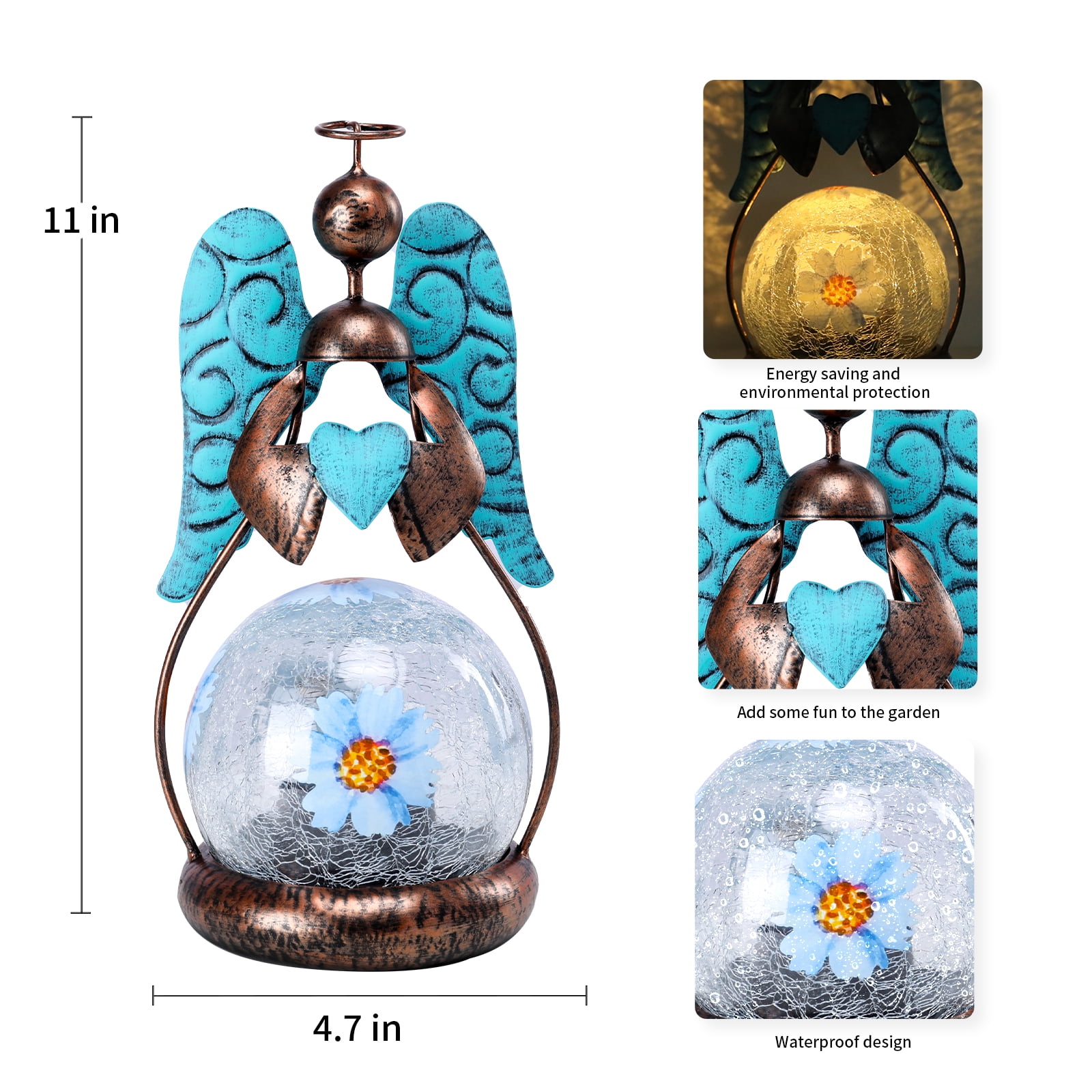 Outdoor Decor, Solar Angel Statue,Solar Statue,Crackle Glass Globe with Flower,For Patio,Gardens and Lawns Decoration