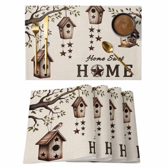 Placemats 1 Pack, Sweet Home Woven Placemat, Linen Place Mats for Kitchen/Dining Tables, Western Stars Bird Houses Farmhouse Retro Washable Table Mats for Party