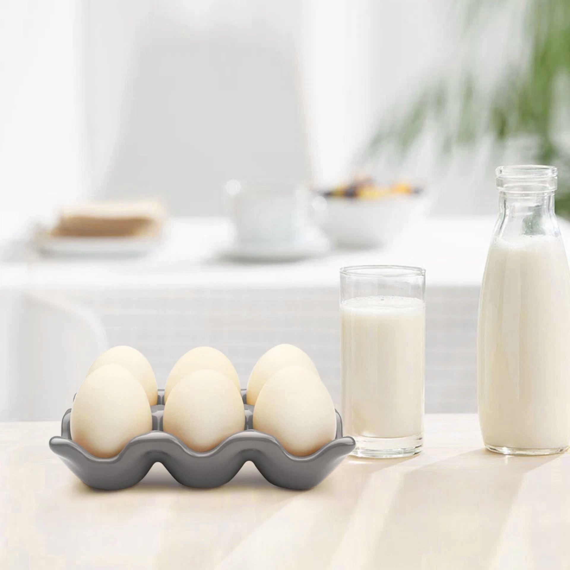 CIRCLE- Ceramic Egg Tray 6 Cup Egg Holder Container For Refrigerator Fridge (Gray)