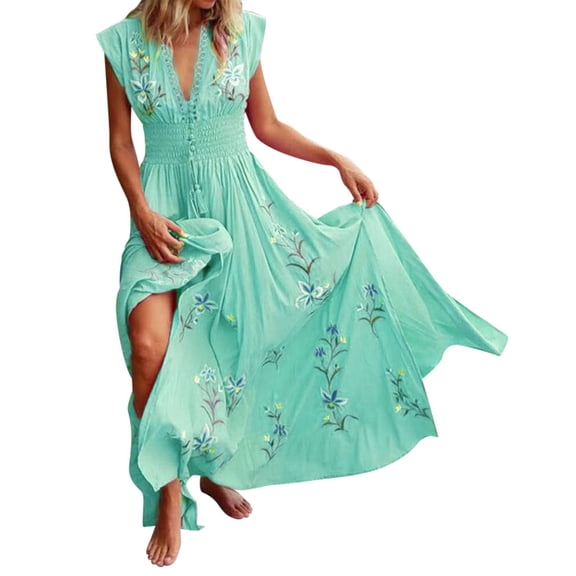 NAFUU Women's Summer Dresses Short Sleeve V-Neck Floral Boho Dress Casual Beach Dress Soft Sundresses For Women