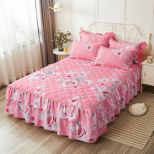 Falda de cama acolchada con doble encaje, funda protectora para colchón, funda para colchón
