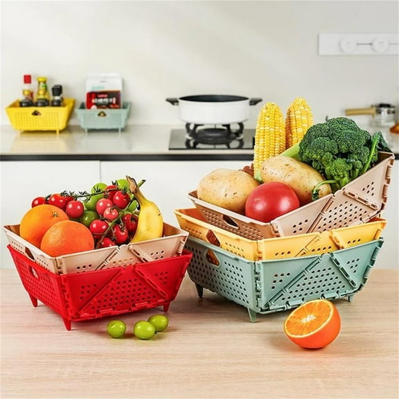 Plastic Vegetable Basket with Handles for Kitchen Storage, Foldable & Stackable Design Saves Space, Ideal for Pantry Organization and Fresh Produce Storage