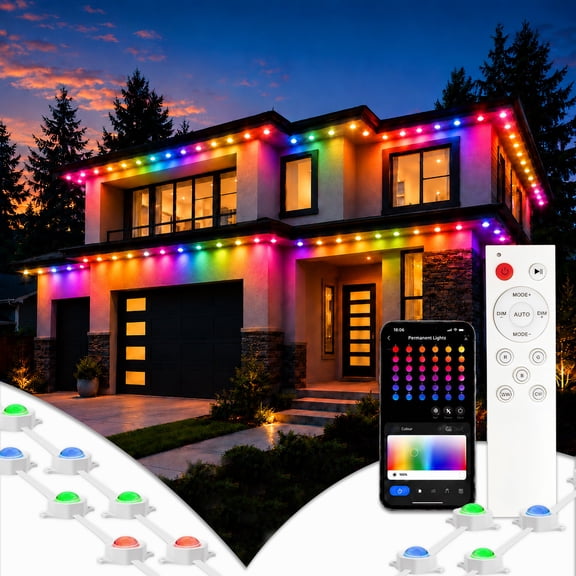 Novelty Lights 50ft RGBW Permanent Smart Outdoor Soffit Lights, Tunable White, App/Remote Control, 3x16.6ft Strings, 12-36 LED Nodes, IP68, Music Mode