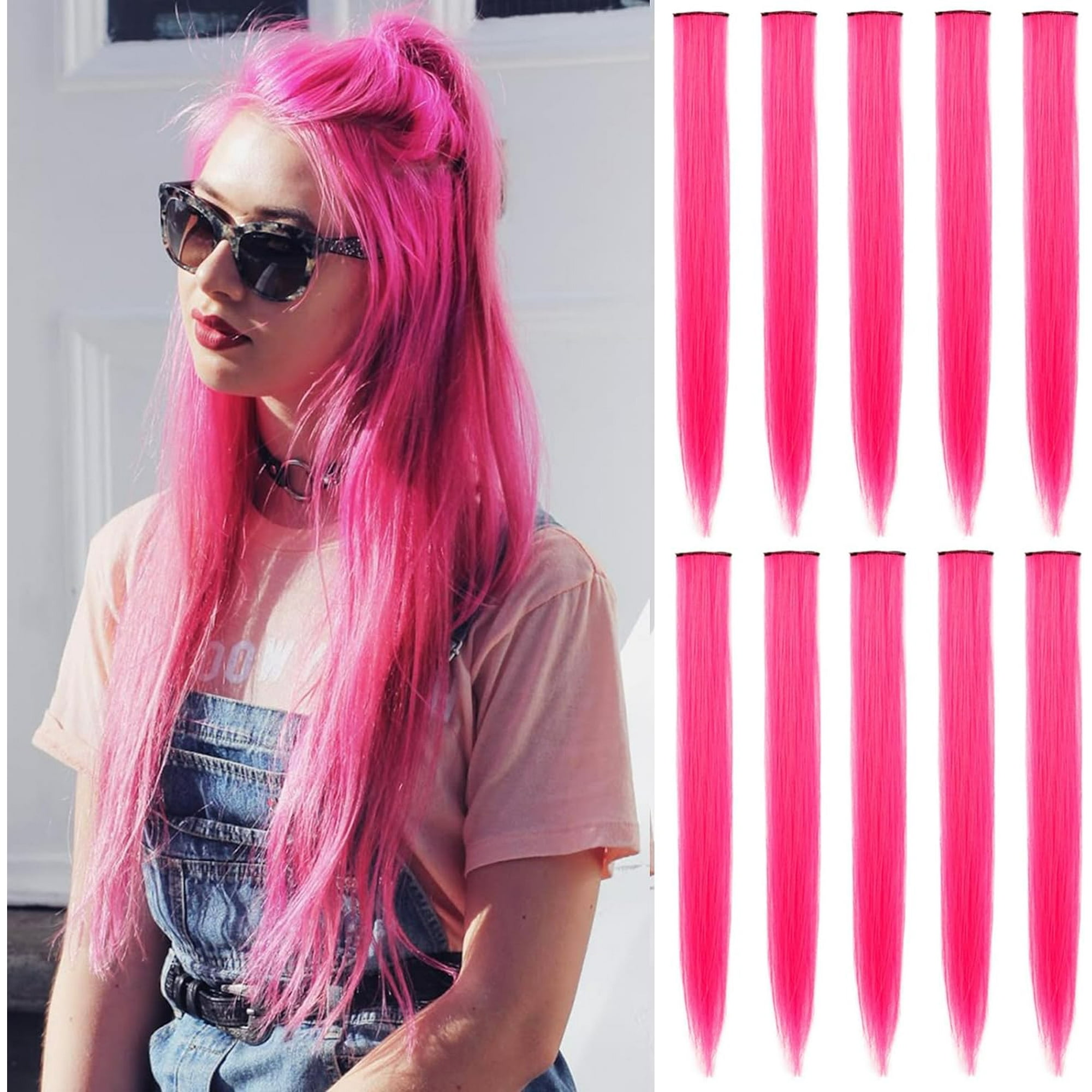 LAICAIW 22 inch Colored Hair Extensions straight Hairpiece Multi colors Party Highlights Clip in Synthetic Hair Extensions 10PCS Hot Pink Walmart