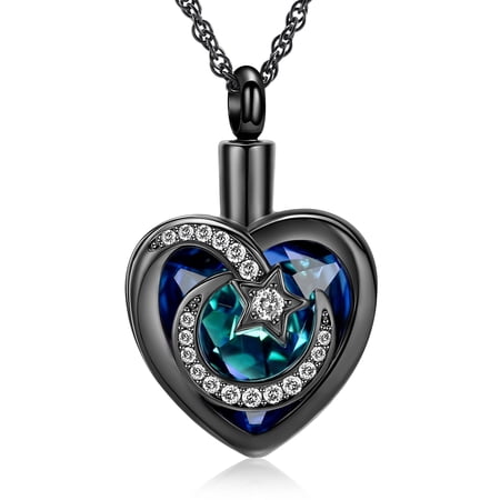 Moon & Stars Urn Necklace for Ashes Stainless Steel Heart Simulated Birthstone Pendant for Ashes Keepsake Memorial Cremation Jewelry Gift for Woman Men
