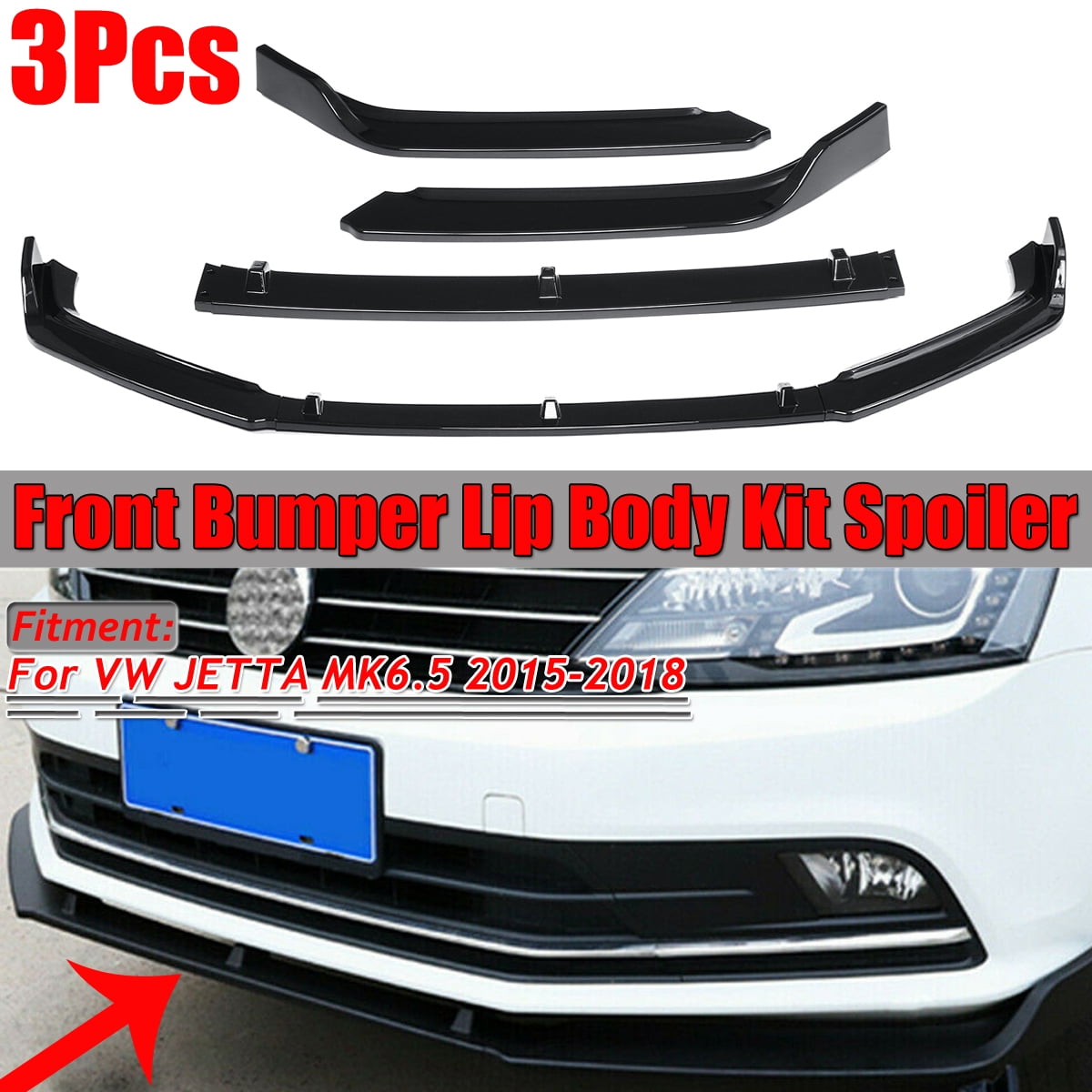 3PCS Gloss Black Front Bumper Lip Lower 
