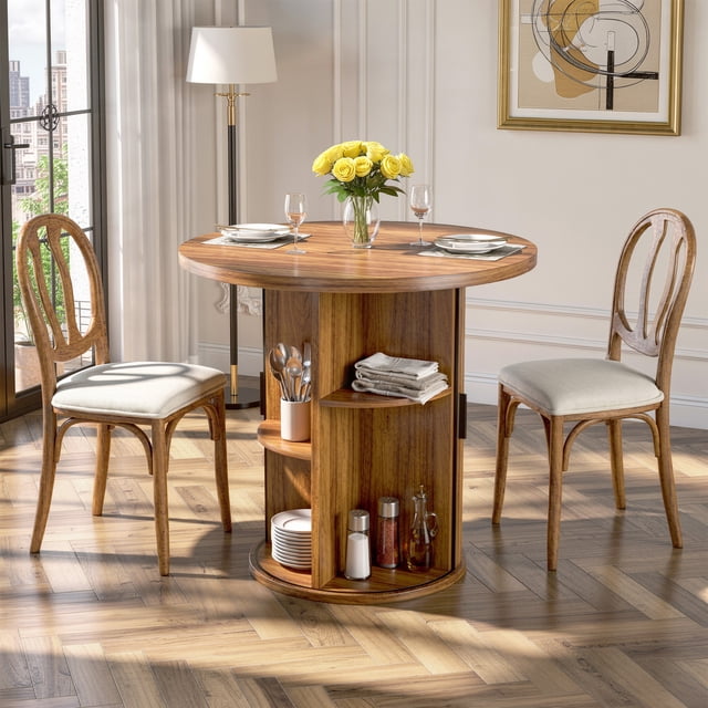 Hawsaiy 31.5" Round Dining Table for 2 with Sliding Door Storage Base, Space-Saving Waterproof Scratch-Resistant Wood Top, Modern Farmhouse Kitchen Table, Walnut