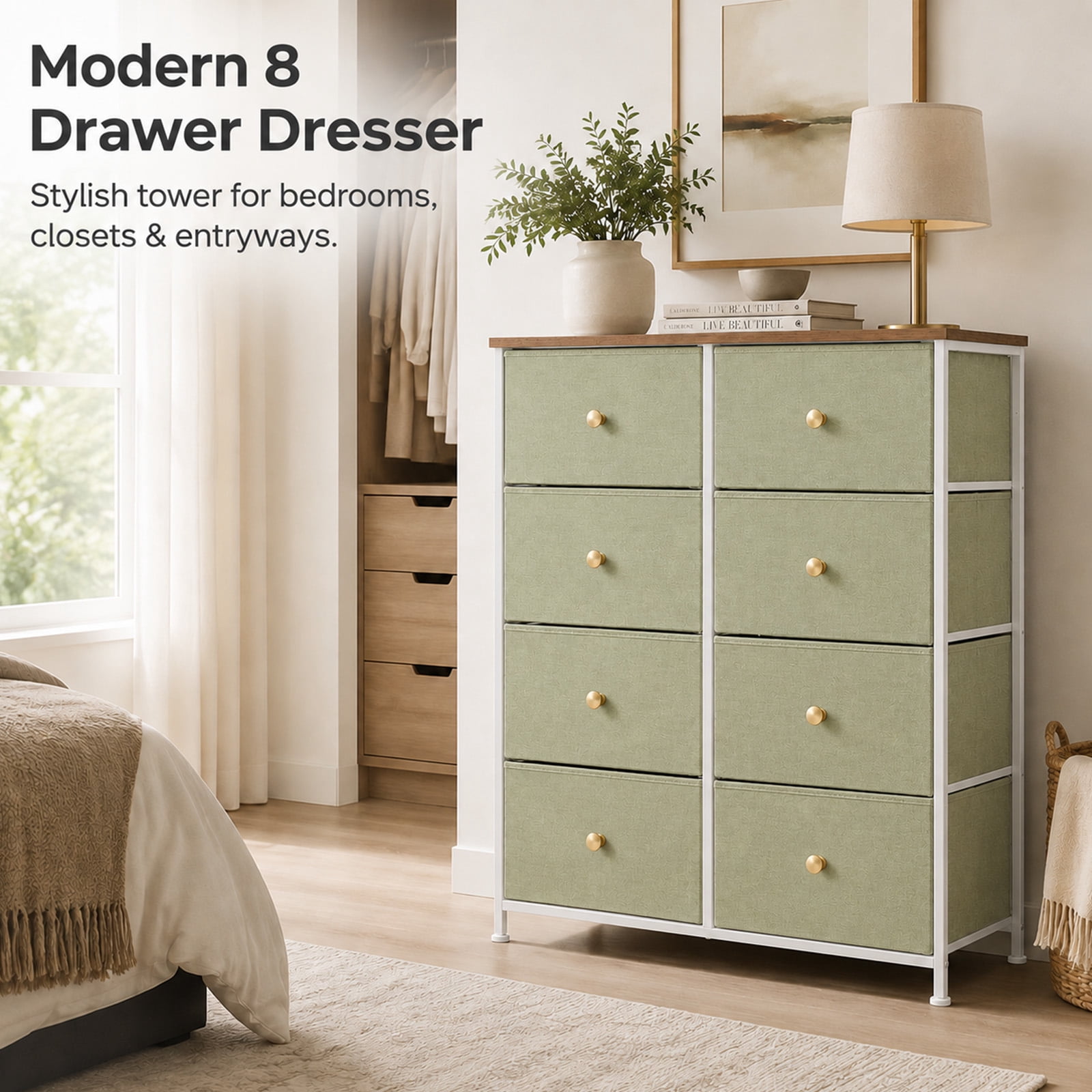 Alvantor 8/9 Drawer Fabric Dresser, Storage Tower for Bedroom and Closet, Chest of Drawers with Sturdy Steel Frame & Wooden Top for Living Room, Entryway