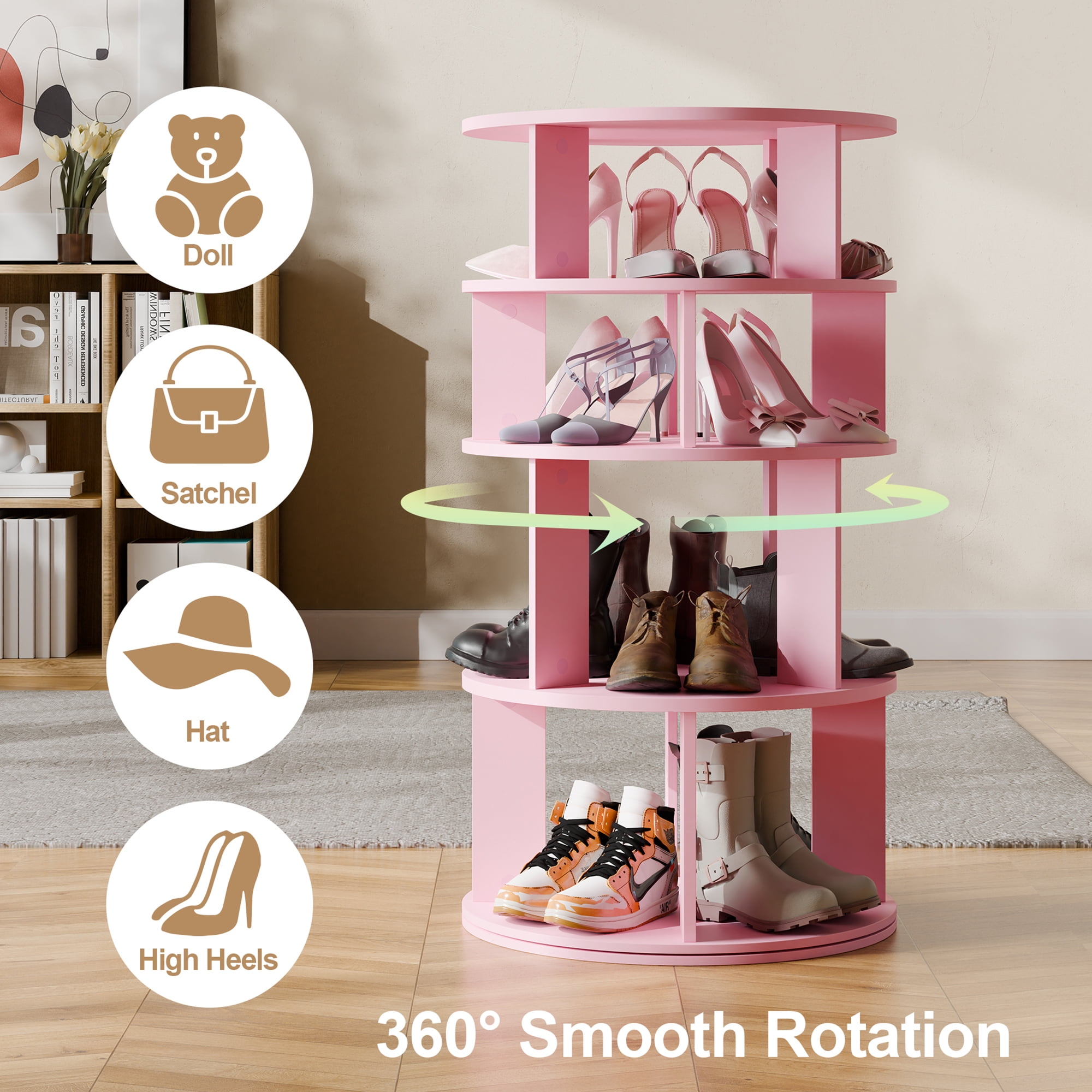 5 Tier Rotating Shoe Rack Tower, 16 Pair Shoe Organizer Shelf, Pink, 43.6" x 23.6" x 23.6"