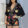 thumbnail image 1 of Pantalons pour Femmes Shorts pour Femmes Mode Dame Fleurs Col en V Profond Manches Courtes Combinaison Short, 1 of 2