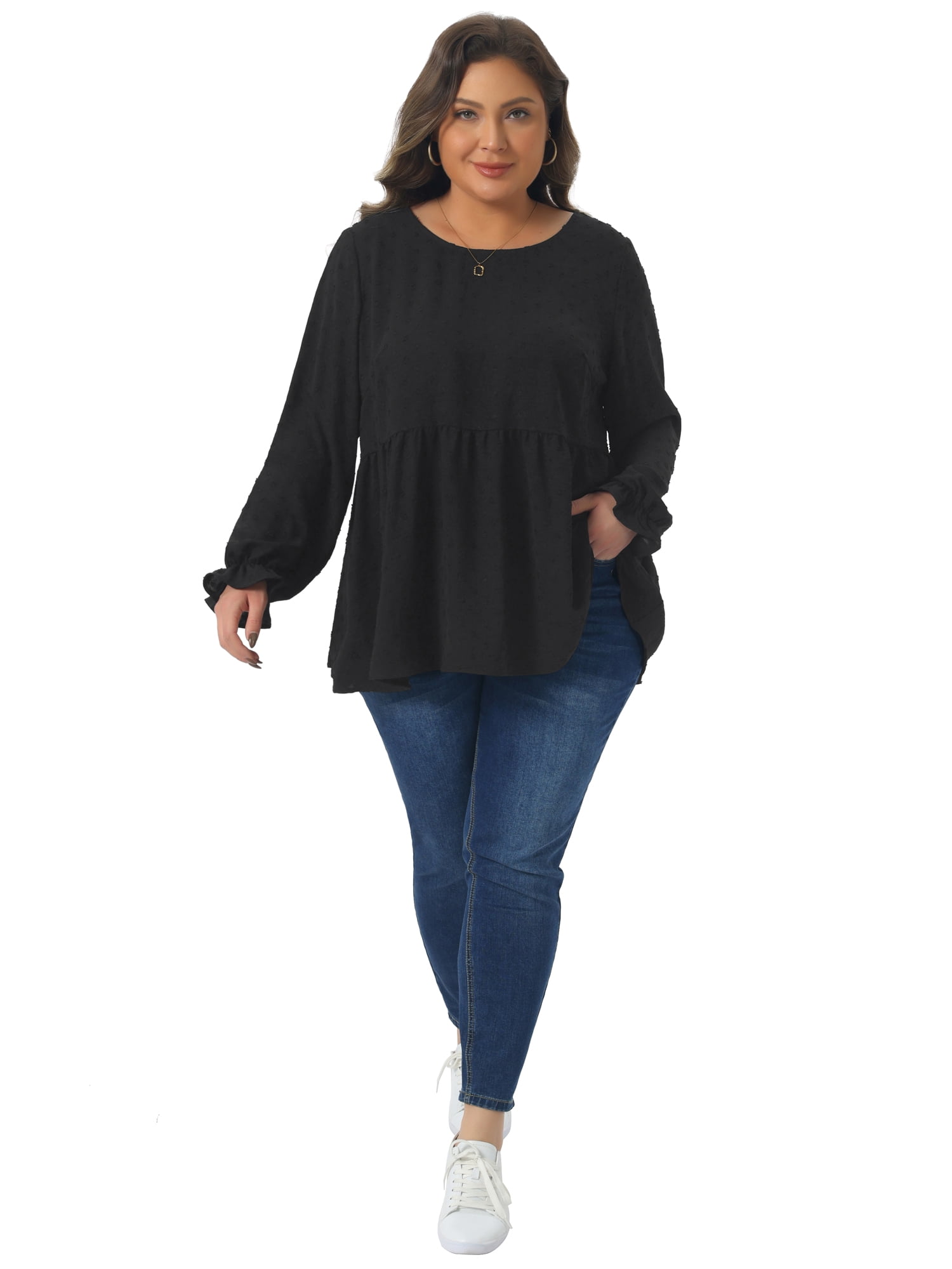 DARING DIVA Women's Plus Babydoll Round Neck Tiered Swiss Dots Blouse 1X Black