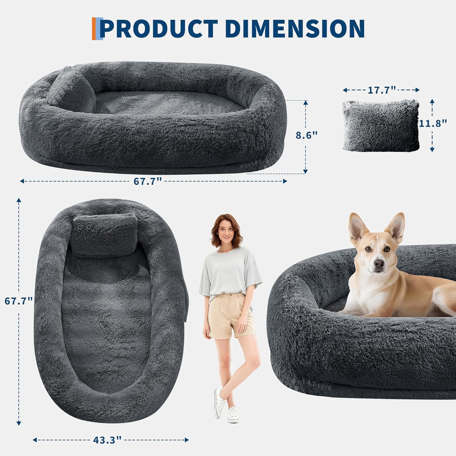 Acekid Human Dog Bed 67 Inch Adult Pets No Assembly Required Washable Fluffy Faux Fur Orthopedic Dog Bed Plump Pi