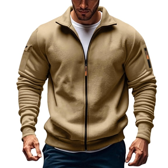 XUNKUSGA Jackets for Men Winter Warm Fleece Zip Up Hoodie Thermal Long Sleeve Hooded Sweatshirt Casual Solid Color Hoodies for Men with Multi Pockets S-3XL Brown