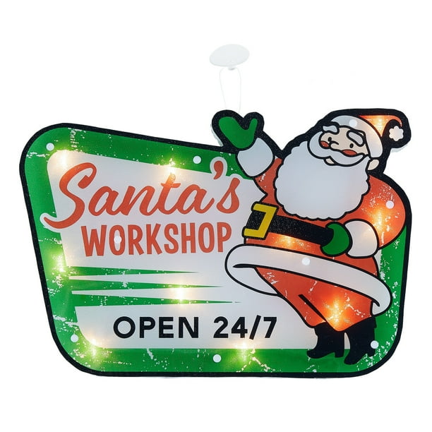 Holiday Time Lighted Santa S Workshop Hanging Sign Christmas Decoration 16 Multi Colored Walmart Com Walmart Com