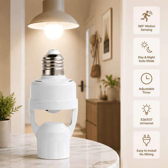 360° Motion Sensor Light Bulb Adapter, E26/E27 Universal Smart Light Socket with Adjustable Timer & Day/Night Auto Mode, Automatic Motion Activated Lamp Holder for Indoor LED Bulbs