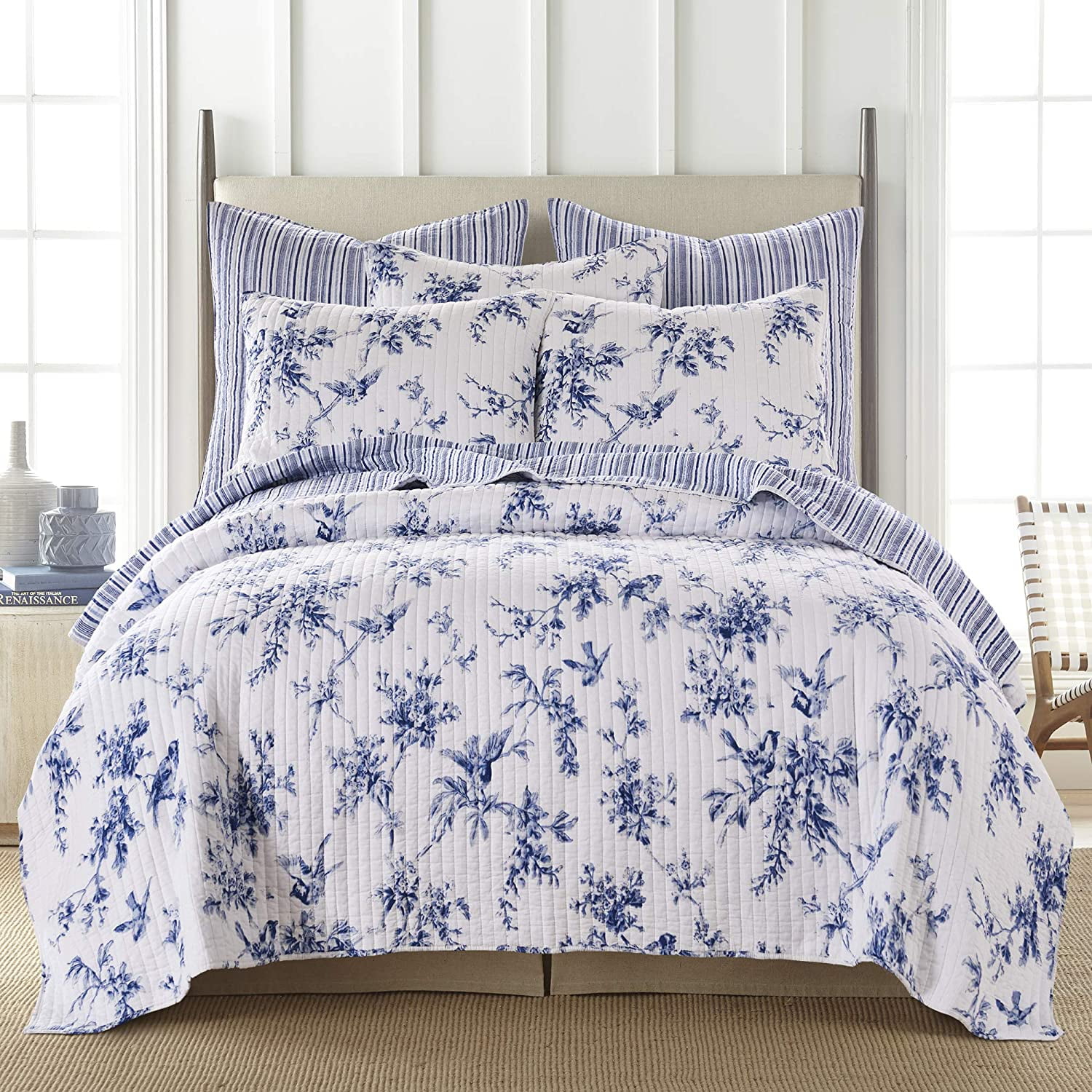 Twin Full Queen King Bed Blue White Floral Toile 3 pc Cotton Quilt Coverlet Set 