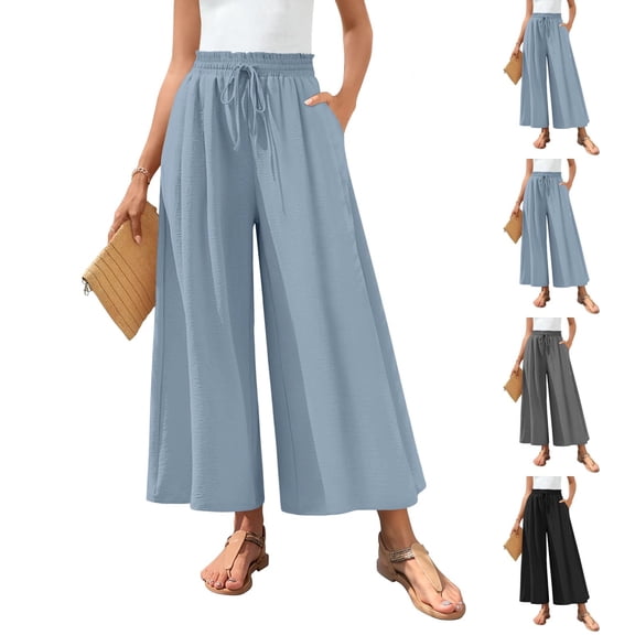 Cotton Linen Wide Leg Culottes for Women 2026 Summer Drawstring High Waisted Flowy Casual Beach Lounge Trousers with Pockets Blue S