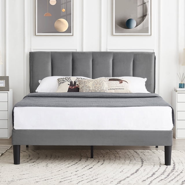VECELO Twin/Full/Queen Upholstered Bed Frame with Adjustable Headboard, No Box Spring Needed/Easy Assembly, Dark Gray
