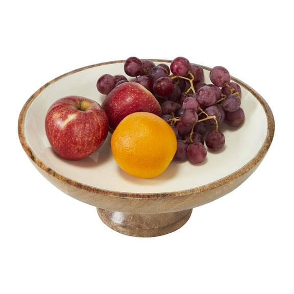 VHC Brands Natural with White Wooden Fruit Bowl 5.5x12x12, Kitchen Decor, Decorative Wooden Pedestal Bowl, Perfect Centerpiece for Table, Island, or Counter