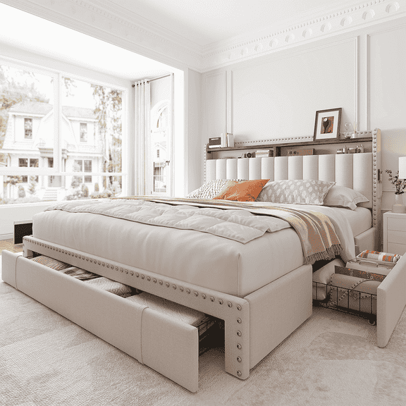 EnHomee Queen Bed Frame with 3 Drawers Upholstered Bed Frame with 2-Tier Storage Headboard Noise Free, Beige