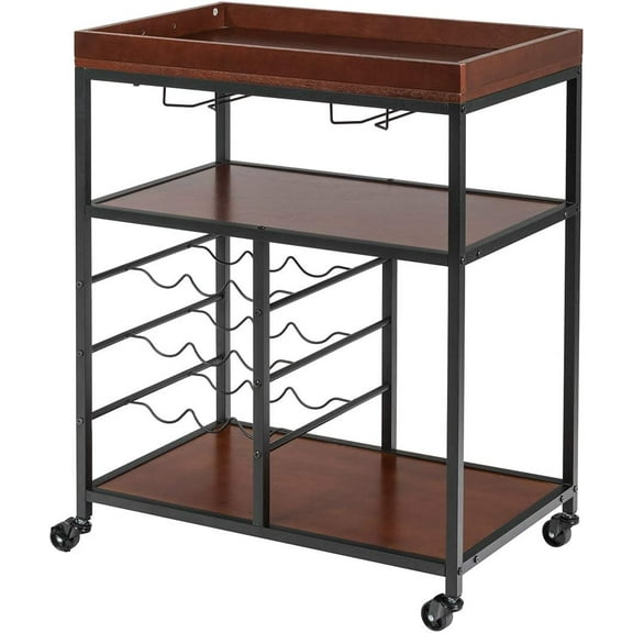CRXX 3-Tier Kitchen Island Cart Rolling Trolley Industrial Style Serving Cart Utility Cart Wood Kitchen Stand with Glasses Holder and 9 Wine Bottles Rack Metal Frame and Castors (Rustic Brown)