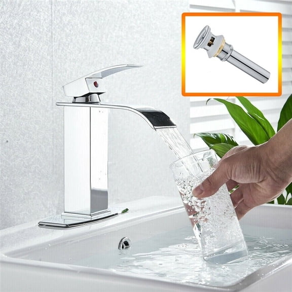 Zovajonia Bathroom Basin Sink faucet Waterfall Spout Single Handle Mixer Tap W/Cover&Drain Polished Chrome