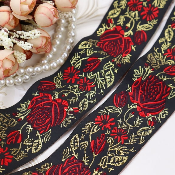 IDONGCAI Vintage Floral Embroidered Jacquard Ribbon Trim Black Red Roses Golden Leaves 5 Yards