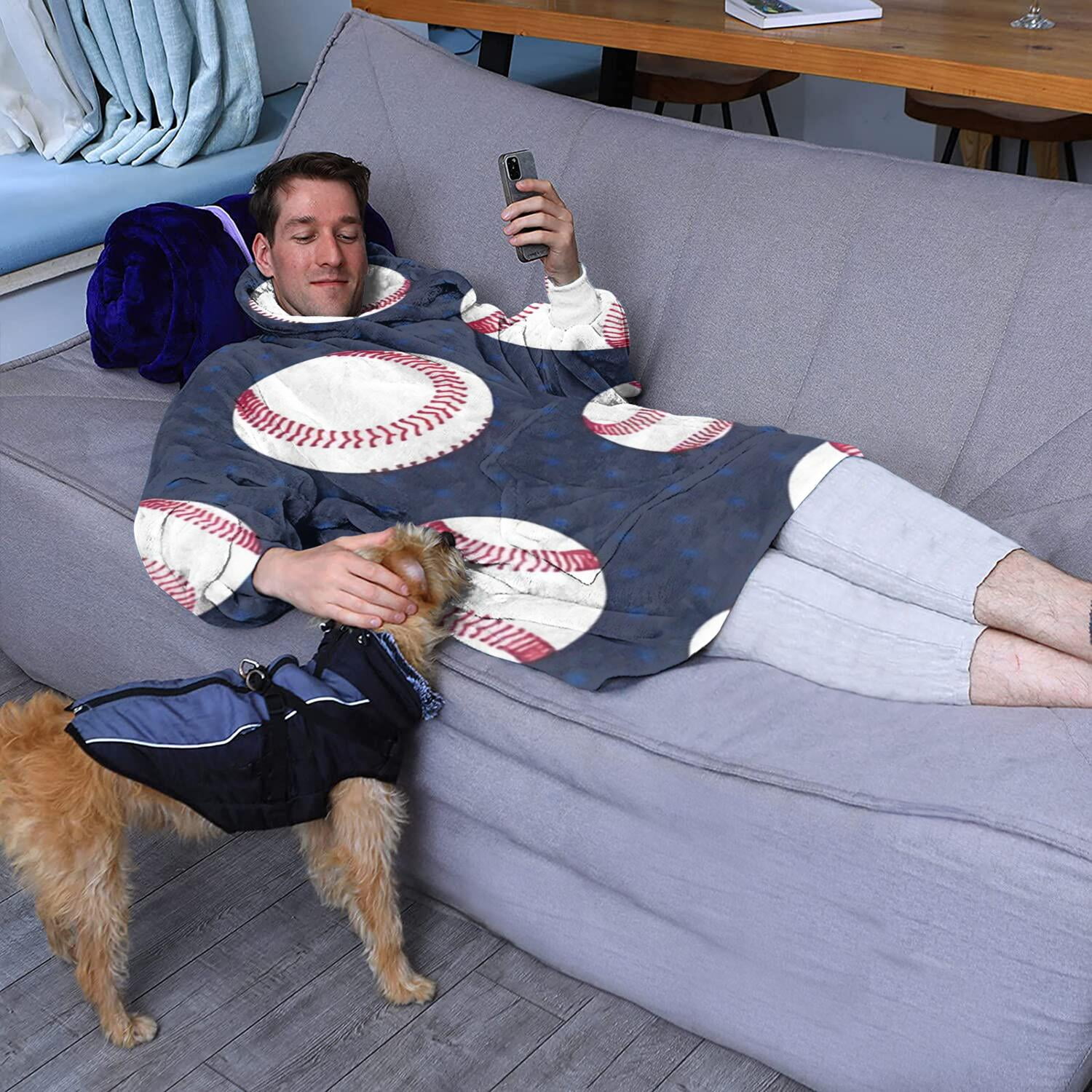 Navy Blue Baseballs Pattern Wearable Oversized Blanket,Wearable Blanket Hoodie for Adults,Cozy Hooded Blankets with Super Pockets,Super Warm Fuzzy Pullover for Women & Men