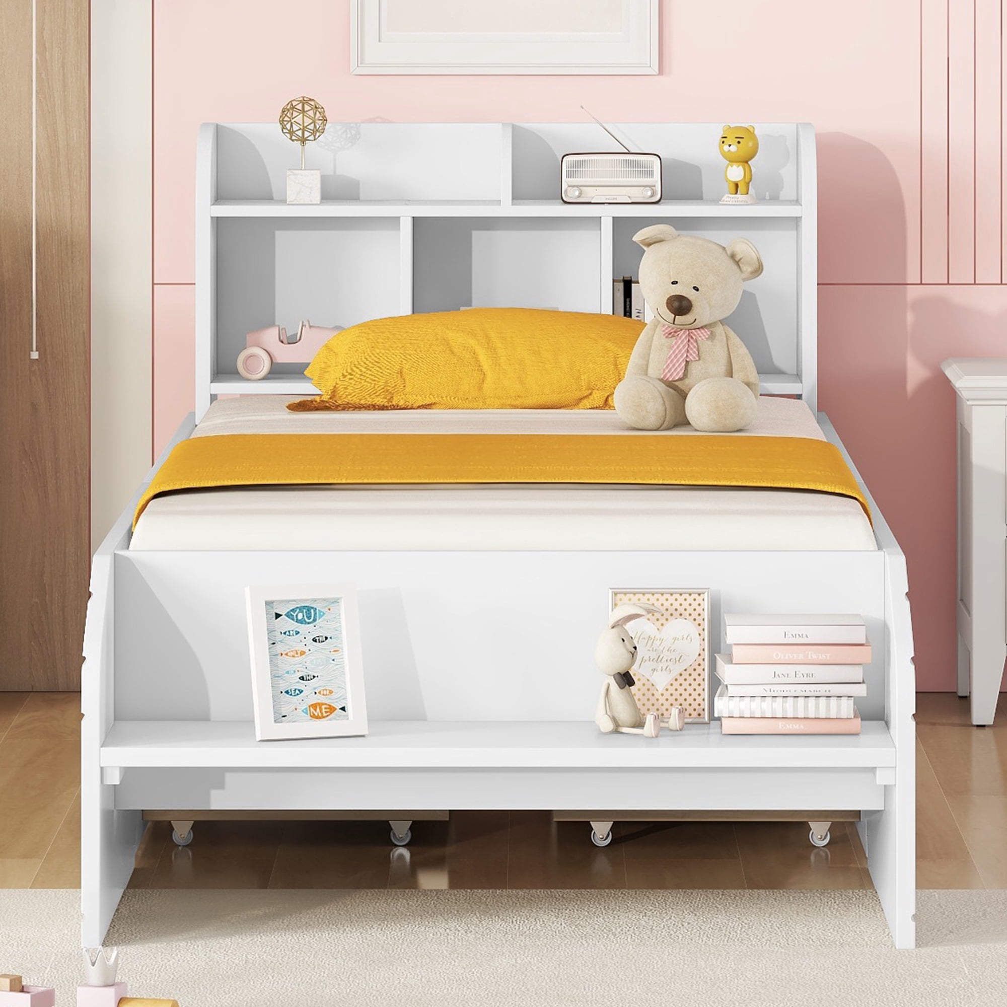 Euroco Pine Wood Storage Platform Bed with 2 Drawers and Shelves, Twin Size for Kids Teens, Green