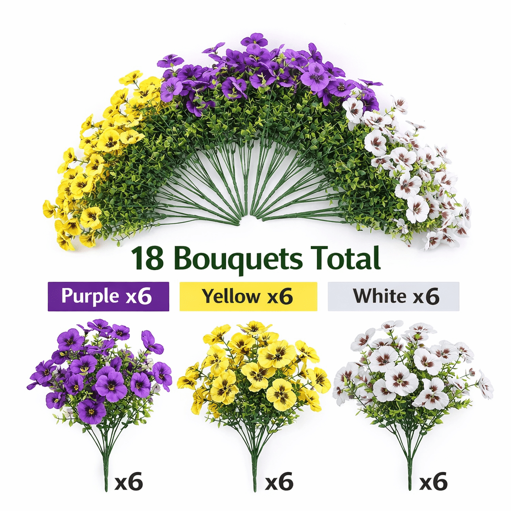Artificial Pansy Flowers Bouquets, 18 Pack (6 Purple/6 Yellow/6 White), Faux Silk Flowers for Indoor Outdoor Decor, Window Box Porch Planter Vase Centerpiece