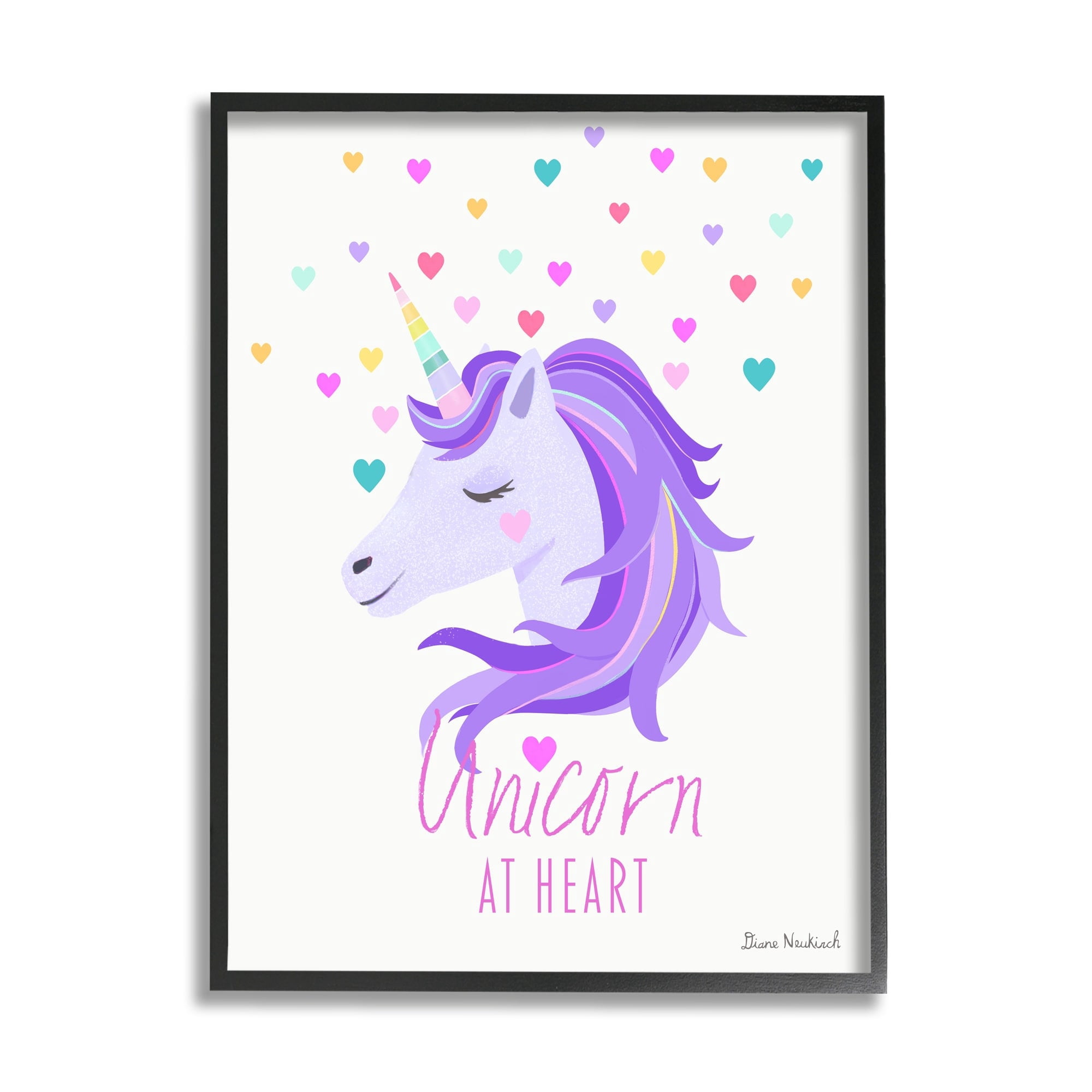 Stupell Industries Unicorn At Heart Phrase Pastel Purple Hearts Pattern Graphic Art Black Framed Art Print Wall Art, Design by Diane Neukirch