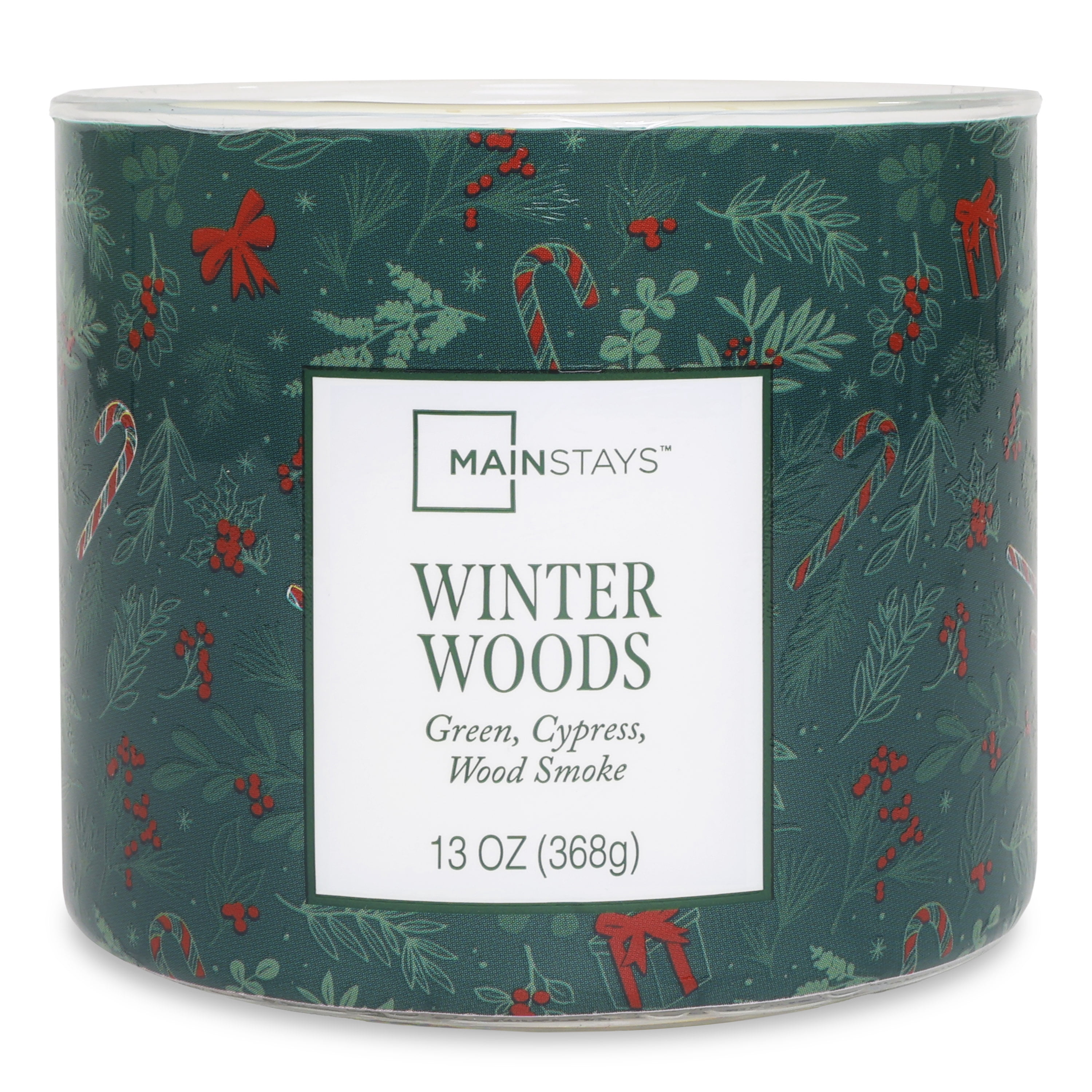 Mainstays 3-Wick Winter Woods Scented Candle with a Green Garland Toss Scene Wrap, 13-Ounce