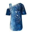 thumbnail image 5 of ZQUUVOU Womens T-Shirts Printed One Shoulder Off Double Suspender Short Sleeved Loose Tops(Blue,L), 5 of 5