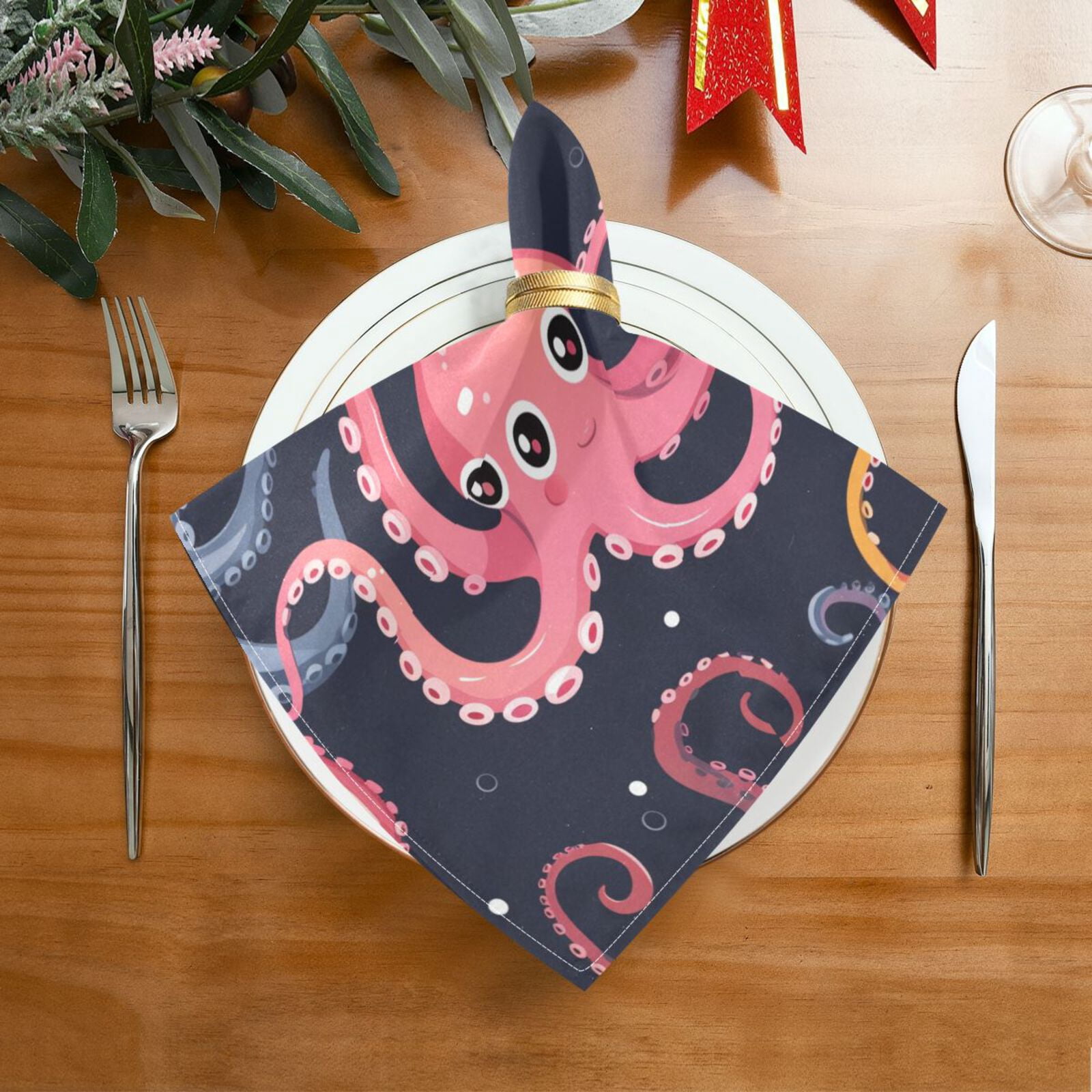 JSTEL Colorful Octopus Cartoon Cloth Napkins Set of 6, 20x20 Inch Washable and Reusable Napkin for Decoupage Dinner Party Everyday Use