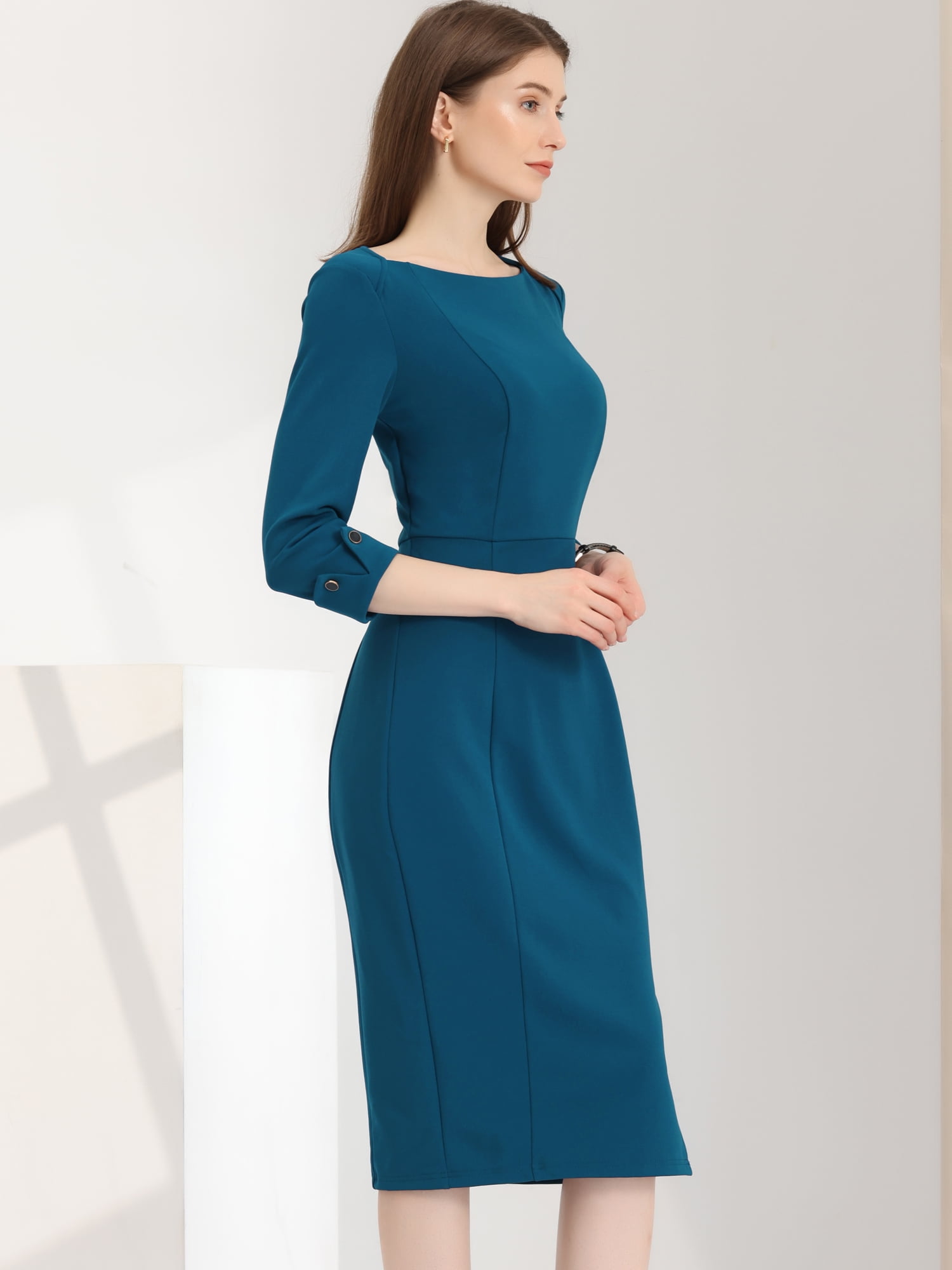 DARING DIVA Elegant Boat Neck 3/4 Sleeves Midi Split Sheath Dress XS Lake Blue