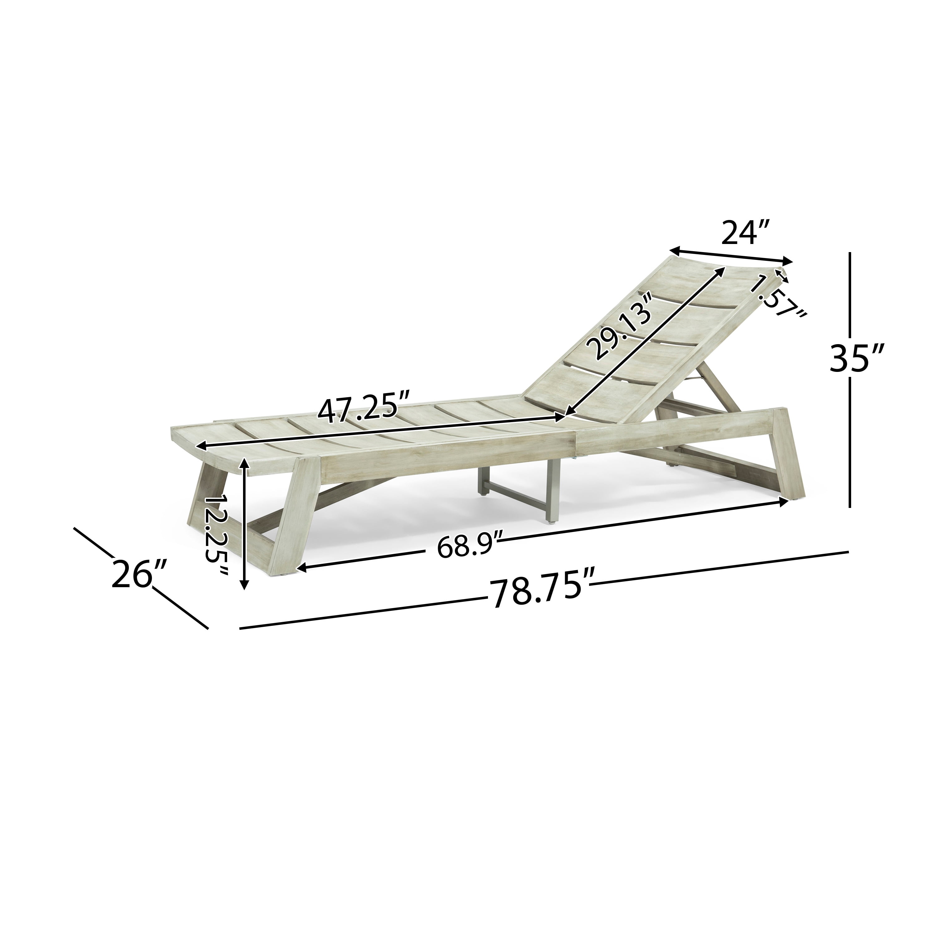Cullen Outdoor Wood and Iron Chaise Lounge, Light Gray and Gray