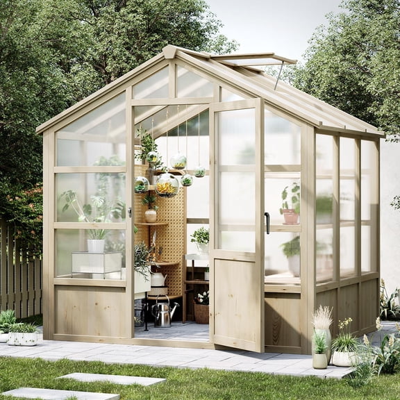 8x6ft Wooden Greenhouse for Outdoors, Lockable Door, Wood Frame & Adjustable Vent, Heavy Duty with Polycarbonate Panel, Light Brown, for Garden/Yard
