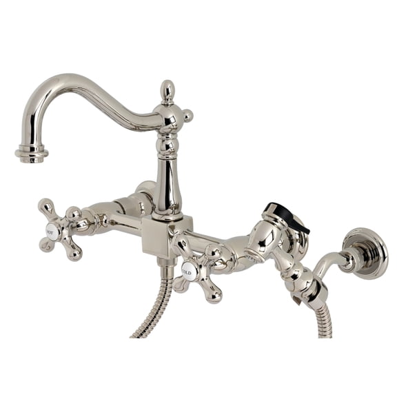 Kingston Brass KS1266AXBS Heritage Double-Handle Wall-Mount Bridge Kitchen Faucet with Brass Sprayer, Polished Nickel