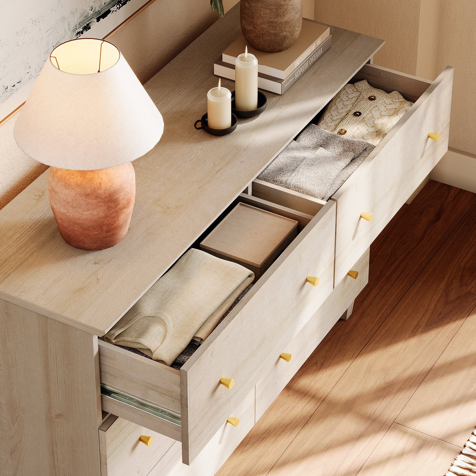 WAMPAT 8 Drawers Dresser with 2 Cabinets for Bedroom, 3-in-1 Modern Wooden Chest of Drawers, 94" Wide, Light Oak Wood Finish