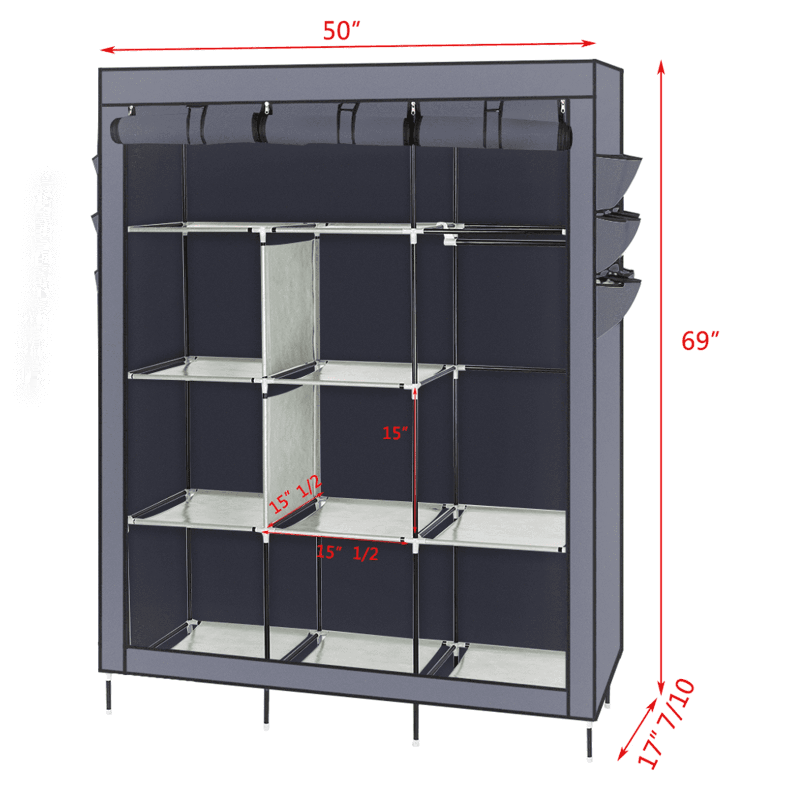 69" Elevated Portable Closet - Heavy Duty Steel Frame with 8 Shelves, High-Leg Design for Robot Vacuums, Dustproof Gray Wardrobe Organizer