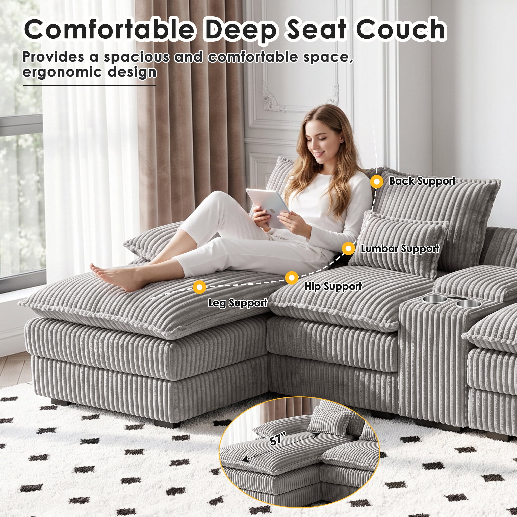 Wakefit 125" U Shaped Sectional Couch, Oversized Modular Sectional Sofa, 5 Seater Corduroy Cloud Couch with Hidden Storage, USB Ports & Cup Holders for Living Room, Light Gray