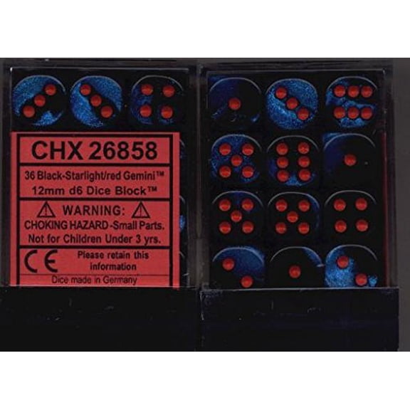 Chessex Dice d6 Sets: Gemini Black / Starlight with Red - 12mm Six Sided Die (..