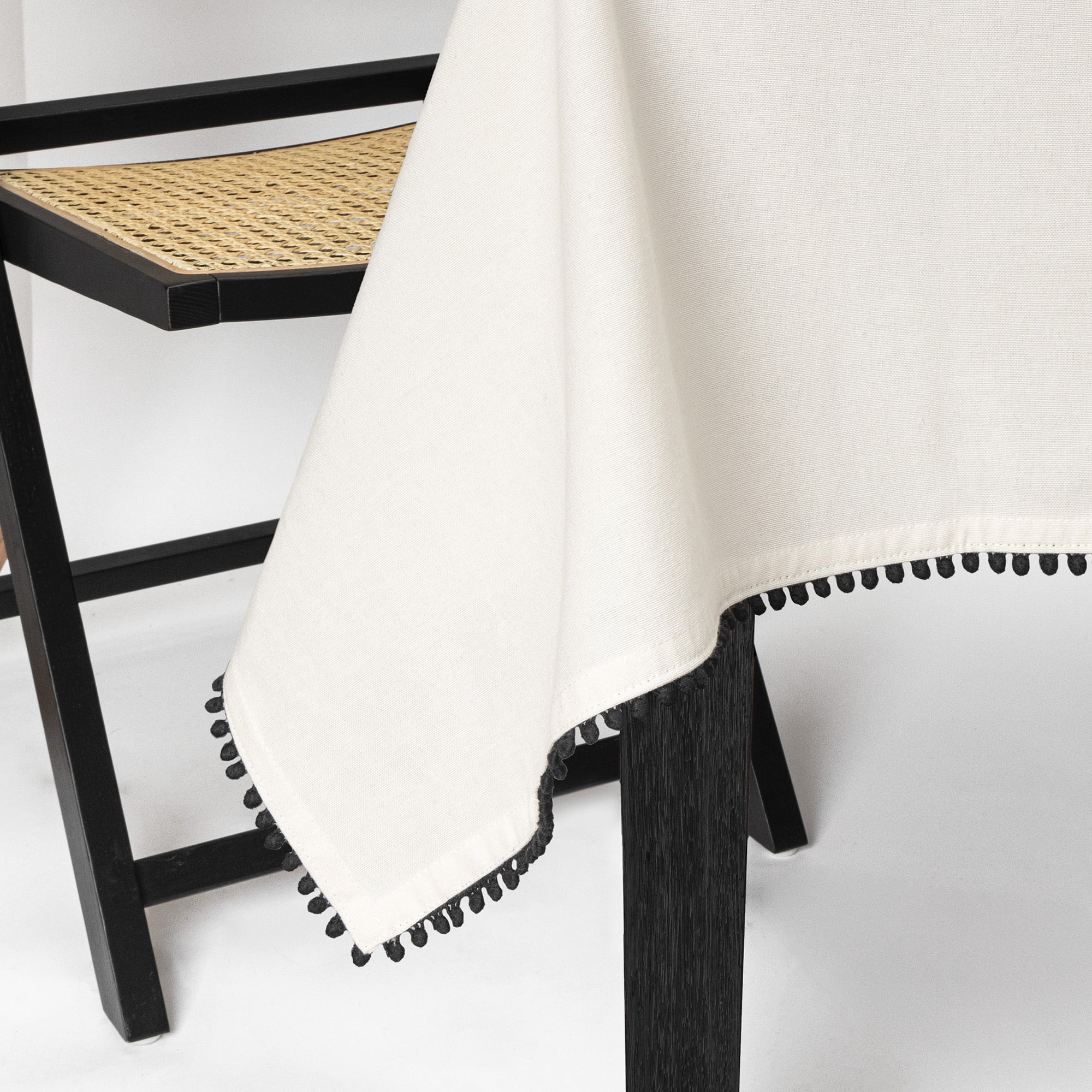 Thyme & Table 102" Rectangle Tablecloth, Ivory with Black Pom Pom Trim