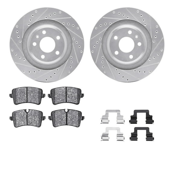 Dynamic Friction Company Rear Brake Rotors-Drilled and Slotted-Silver with 5000 Euro Ceramic Brake Pads includes Hardware 7612-73057