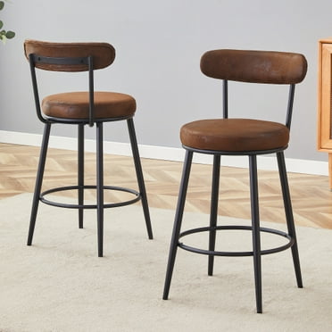Fashionable and Comfortable - Two Sets Of Rrgonomic High Leg Bar Chairs, With Brown Technology Fabric Cushions That Are Soft And Comfortable,Black Metal Legs. The Total Height is 35.5 Inches.