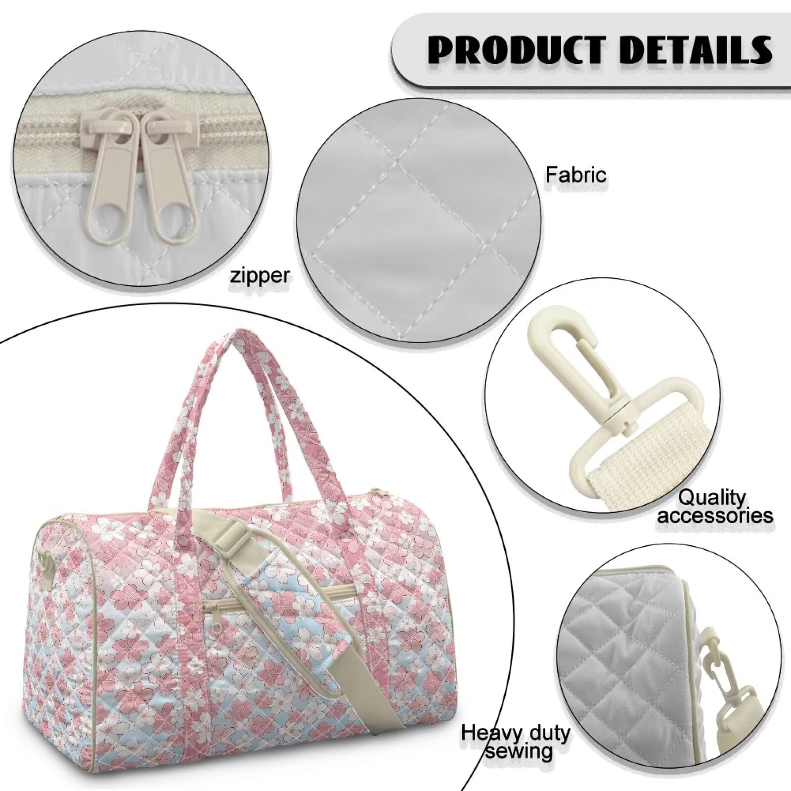 Pzuqiu Cherry Blossom Large Quilted Weekender Bag for Women, Lightweight Soft Puffy Duffle Carry On Tote, Travel Overnight Gym Luggage Bag with Adjustable Strap Portable
