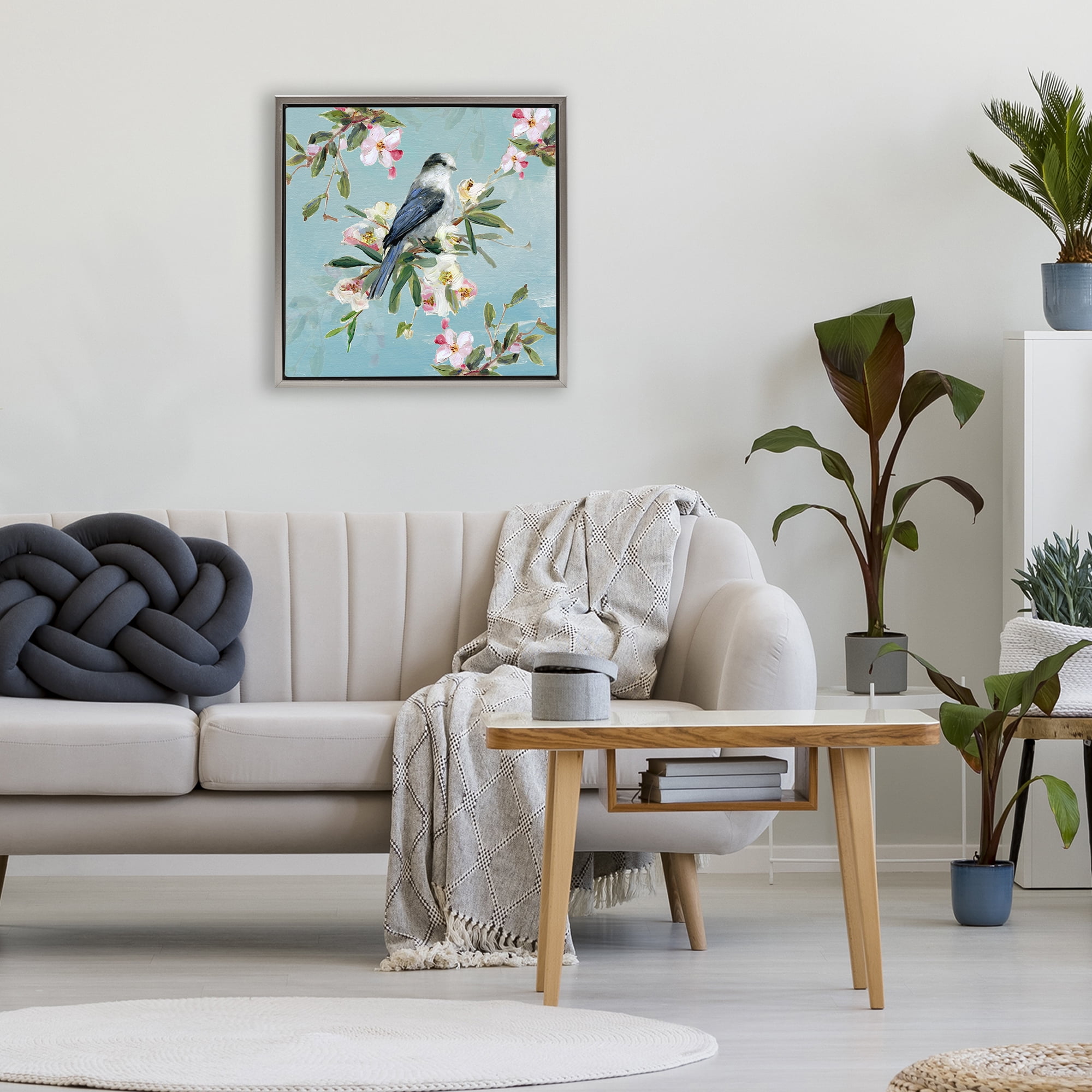 Stupell Industries Pastel Songbird Among Blossoms Gray Framed Floater Canvas Wall Art, design by Sally Swatland