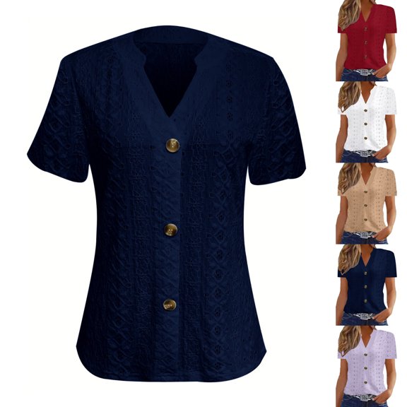 Womens Dressy Tops Summer V Neck Eyelet Embroidery Shirts Button Down Short Sleeve Blouses Hollow Out Lace Casual Work Tunic