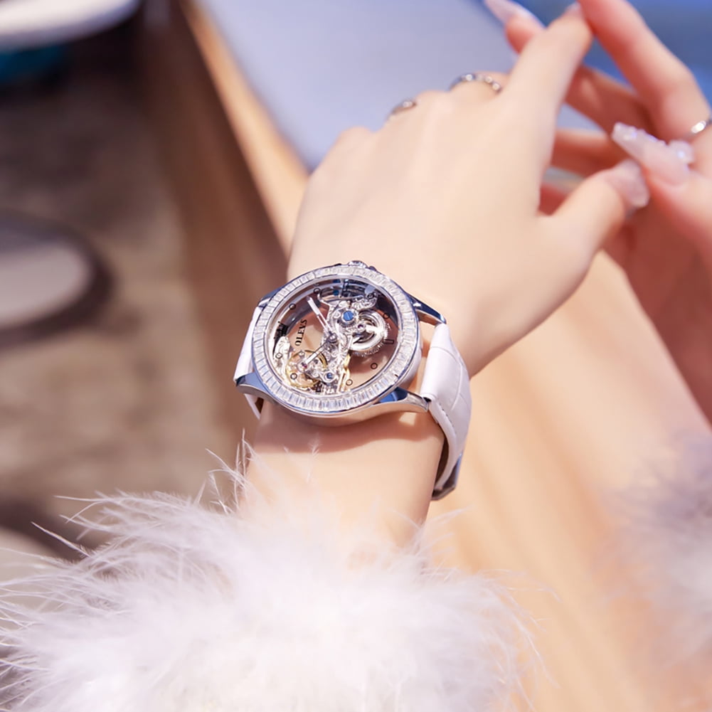OLEVS Automatic Watches for Womens Mechanical Diamond Skeleton Self Winding Leather Luxury Dress Waterproof Luminous Ladies Watches Womens Wrist Watches Gift Reloj Para Mujer