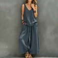 thumbnail image 4 of IUYRTFE Women's V Neck Sleeveless Top and Wide Leg Pants Set Drawstring Waist Cotton Linen Lounge Outfit, 4 of 7
